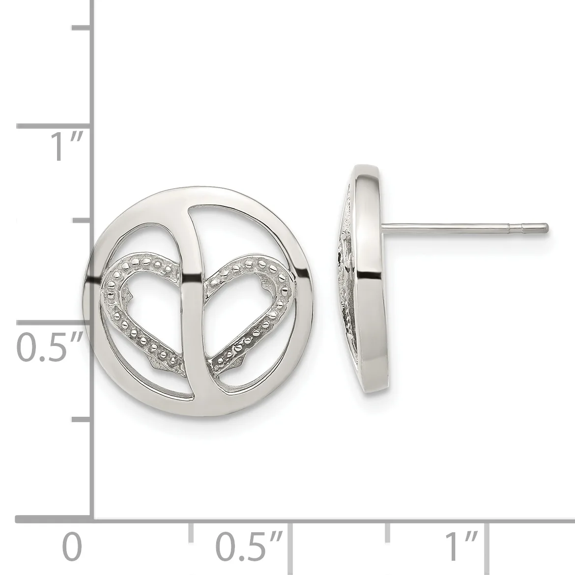 Silver heart stud earrings with diamond accents shown front and side view next to a measurement ruler.