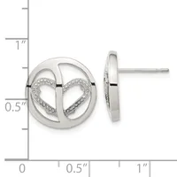 Silver heart stud earrings with diamond accents shown front and side view next to a measurement ruler.