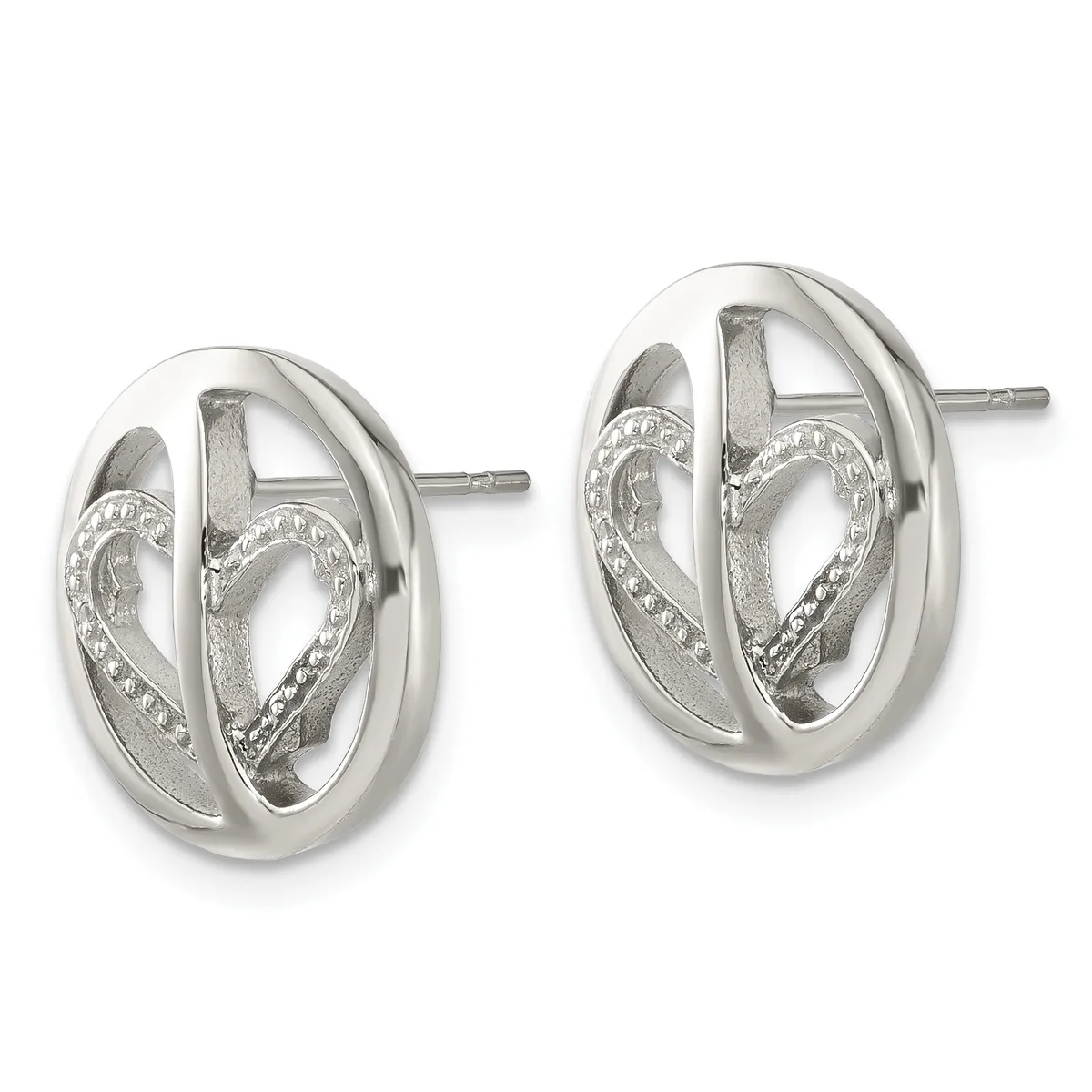 A pair of polished silver oval stud earrings with heart cutouts outlined in small rhinestones, shown from the front against a white background.