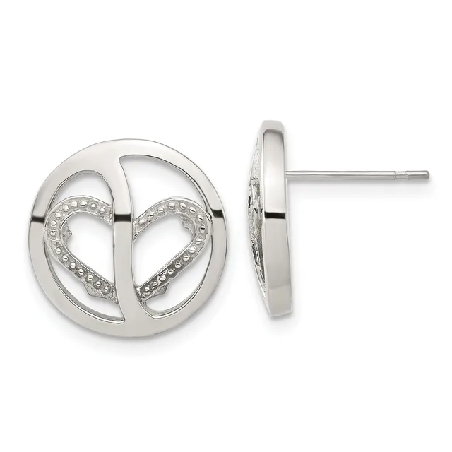 Pair of silver stud earrings with circular design featuring a heart shape outlined with small beads, shown from front and side view.