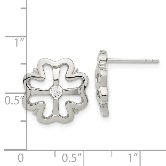 Silver four-lobed clover earrings with a central diamond, shown from front and side views next to a measurement scale.