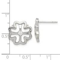 Silver four-lobed clover earrings with a central diamond, shown from front and side views next to a measurement scale.