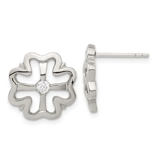 Pair of silver stud earrings featuring an open four-lobed clover or flower design with a small round diamond at the center, shown from front and side views.