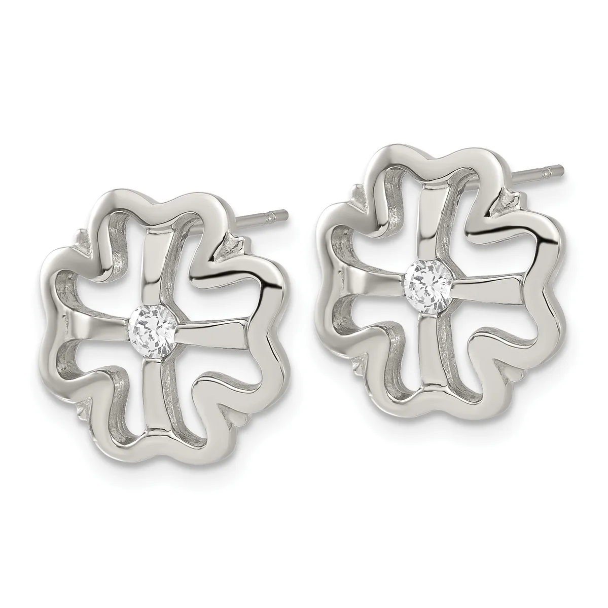 A pair of silver stud earrings featuring openwork four-pointed flower or clover shapes with round diamonds set in the center of each earring.