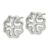 A pair of silver stud earrings featuring openwork four-pointed flower or clover shapes with round diamonds set in the center of each earring.