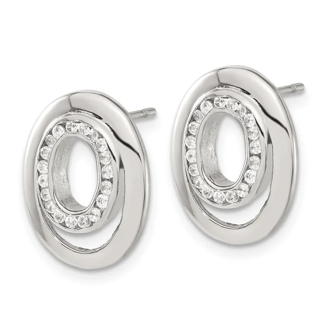 A pair of silver oval stud earrings with polished outer rims and inner ovals lined with round clear crystals.