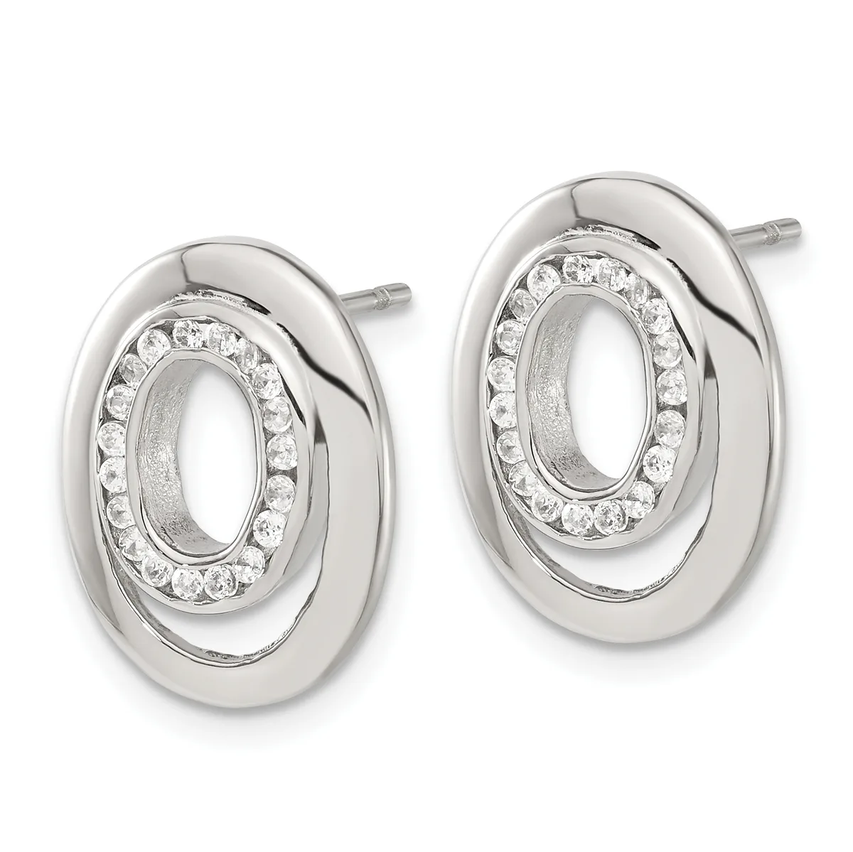A pair of silver oval stud earrings with polished outer rims and inner ovals lined with round clear crystals.
