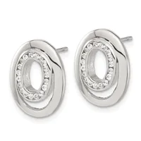 A pair of silver oval stud earrings with polished outer rims and inner ovals lined with round clear crystals.