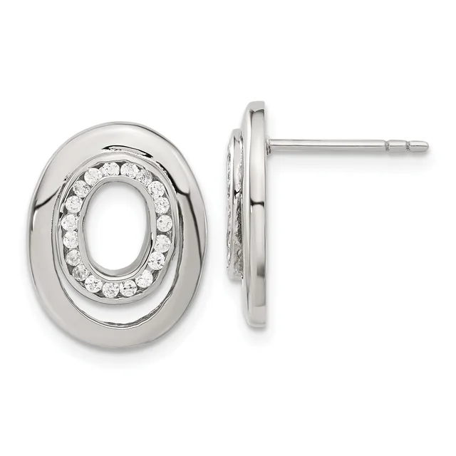 Pair of silver oval stud earrings with polished outer rings and inner ovals outlined with round cubic zirconia stones, shown from front and side views.