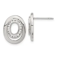Pair of silver oval stud earrings with polished outer rings and inner ovals outlined with round cubic zirconia stones, shown from front and side views.