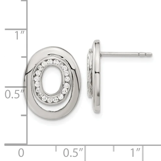 Silver oval stud earrings with circular diamond halos, shown from front and side view with a measurement scale indicating approximately one inch in height.