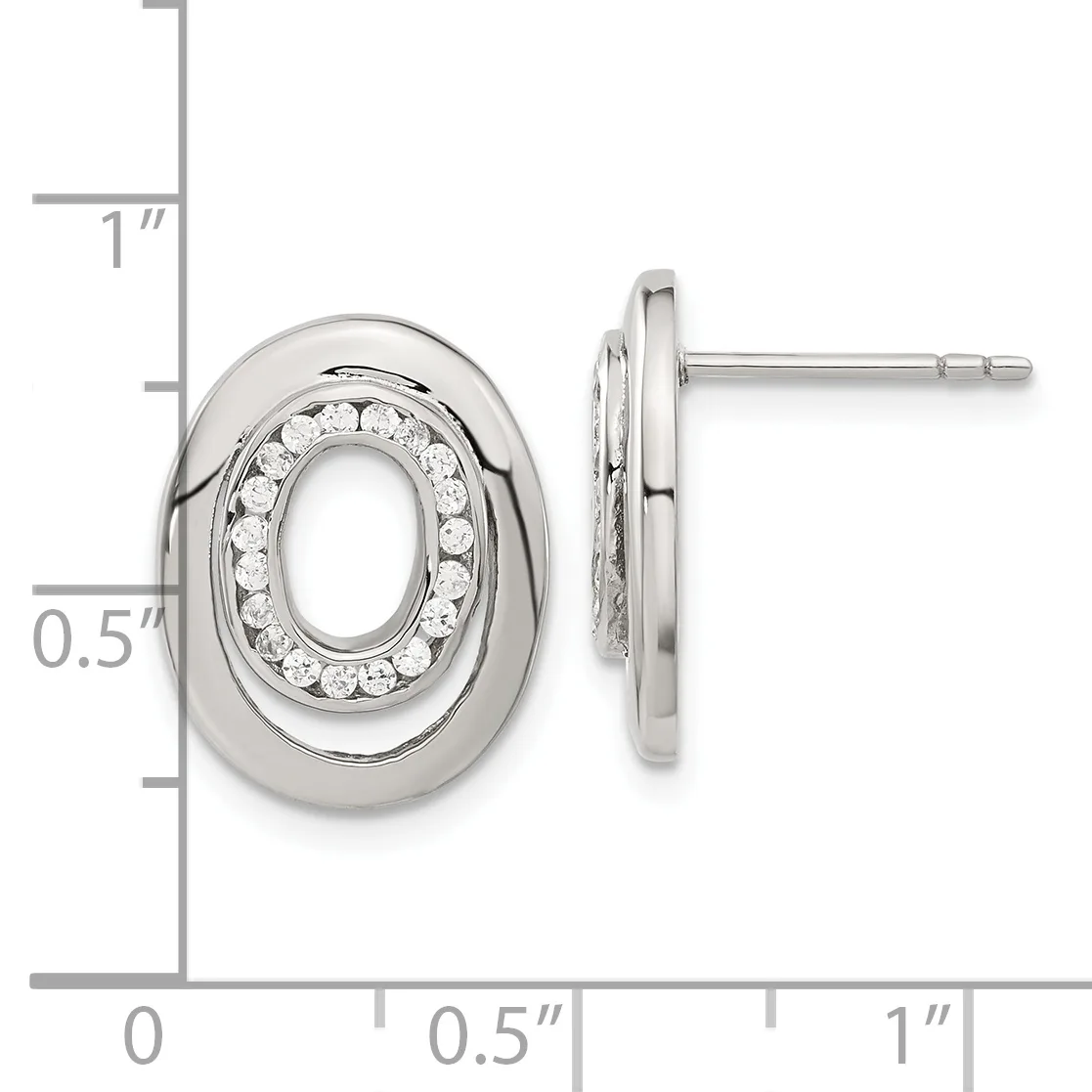 Silver oval stud earrings with circular diamond halos, shown from front and side view with a measurement scale indicating approximately one inch in height.