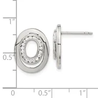 Silver oval stud earrings with circular diamond halos, shown from front and side view with a measurement scale indicating approximately one inch in height.