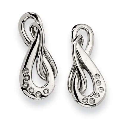 A pair of silver twisted loop earrings with small round crystals set along the lower curved section, shown from the front.