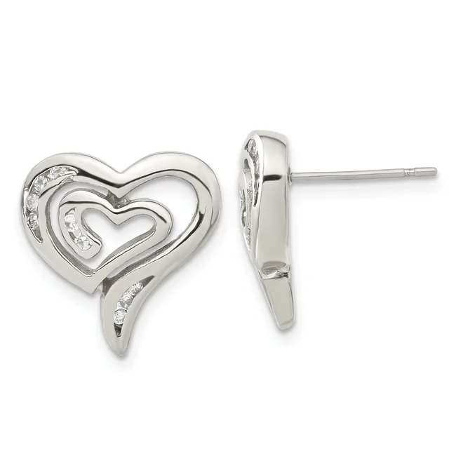 A pair of silver heart-shaped stud earrings with nested heart outlines and small diamond accents, shown from front and side views.