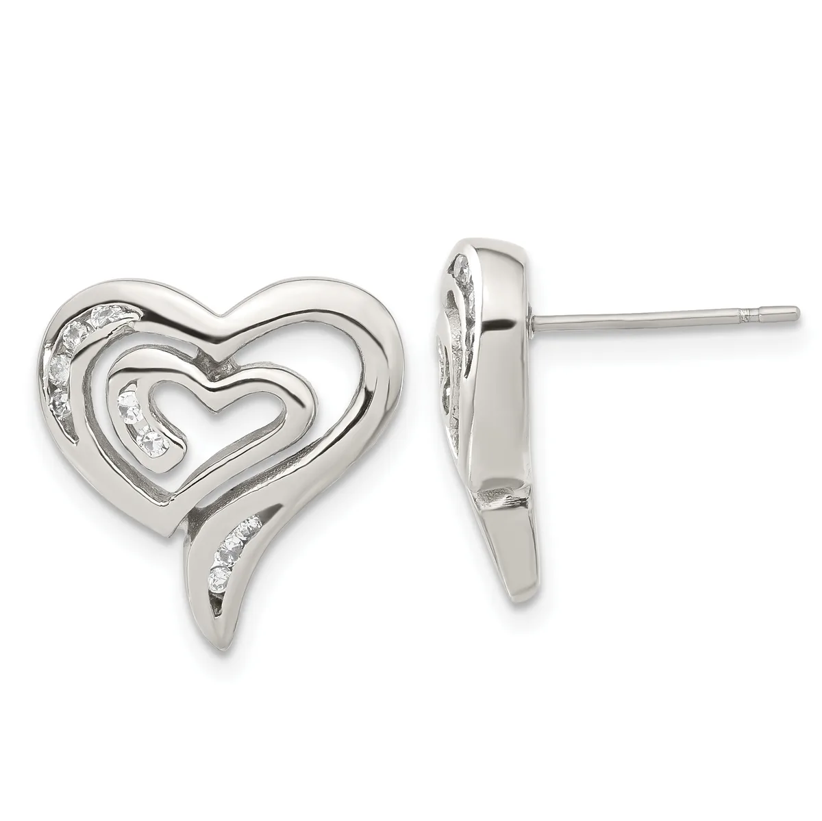 A pair of silver heart-shaped stud earrings with nested heart outlines and small diamond accents, shown from front and side views.