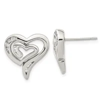 A pair of silver heart-shaped stud earrings with nested heart outlines and small diamond accents, shown from front and side views.