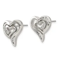 A pair of silver heart-shaped stud earrings with nested hearts and small diamond accents, shown from the front on a white background.