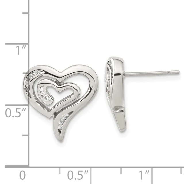 Silver heart stud earrings with nested heart outlines and diamond accents, shown front and back view with measurement scale.