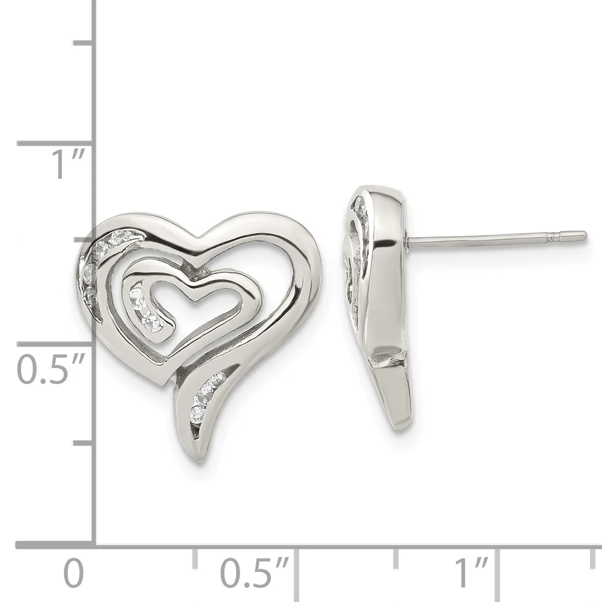 Silver heart stud earrings with nested heart outlines and diamond accents, shown front and back view with measurement scale.