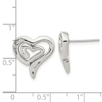 Silver heart stud earrings with nested heart outlines and diamond accents, shown front and back view with measurement scale.