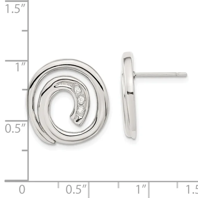Silver spiral stud earrings with diamonds set along the curved inner edge, shown from front and side views with a measurement scale indicating approximately one inch in height.
