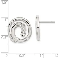 Silver spiral stud earrings with diamonds set along the curved inner edge, shown from front and side views with a measurement scale indicating approximately one inch in height.