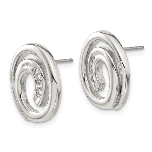 A pair of polished silver oval stud earrings with concentric nested oval design, shown from the front against a white background.