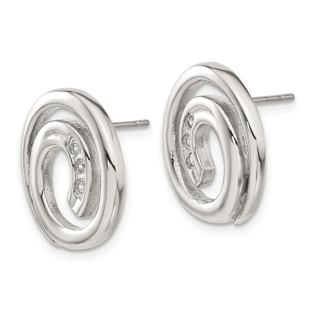 A pair of polished silver oval stud earrings with concentric nested oval design, shown from the front against a white background.