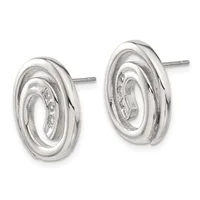 A pair of polished silver oval stud earrings with concentric nested oval design, shown from the front against a white background.