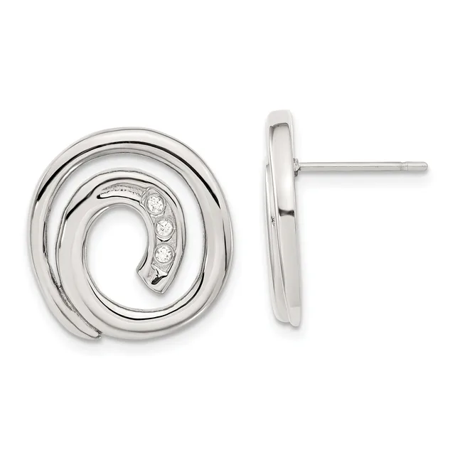 Pair of silver spiral stud earrings with diamonds, shown from front and side views.