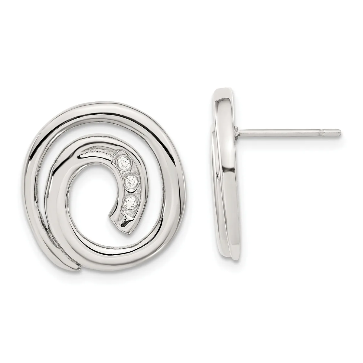 Pair of silver spiral stud earrings with diamonds, shown from front and side views.