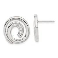 Pair of silver spiral stud earrings with diamonds, shown from front and side views.