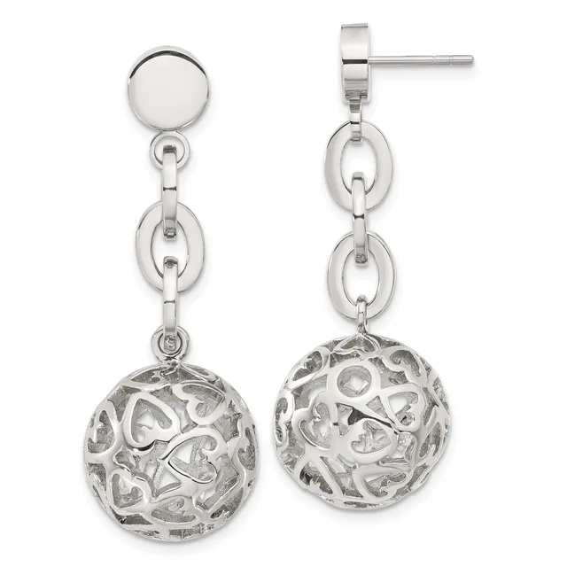 Pair of silver drop earrings with polished disc studs, connected link chains, and ornate filigree spheres hanging below.