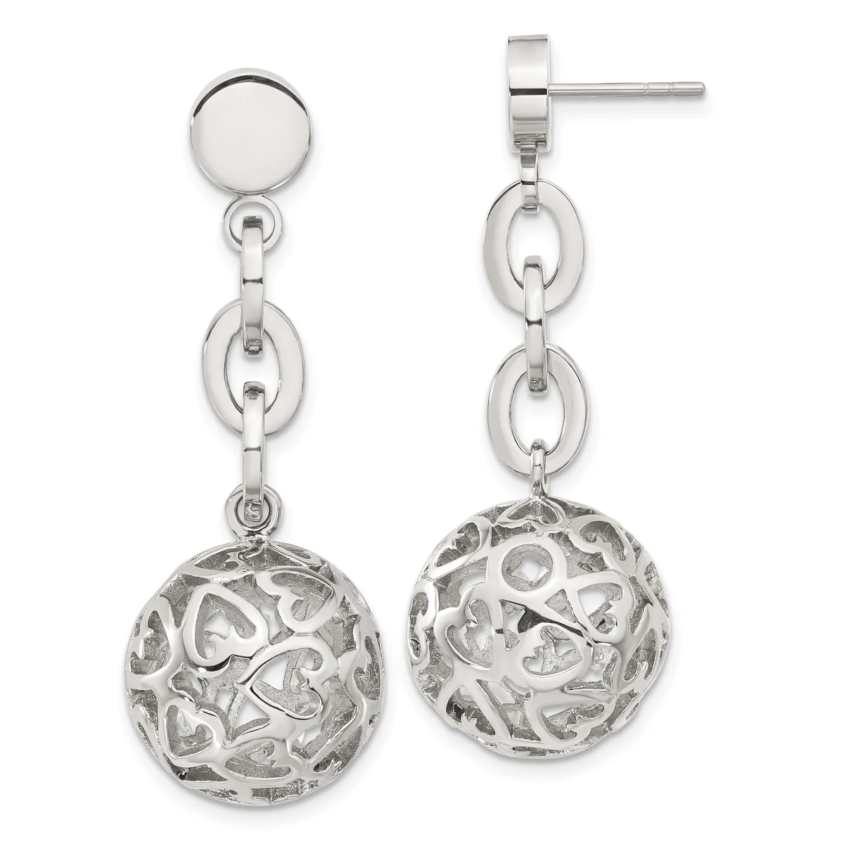 Pair of silver drop earrings with polished disc studs, connected link chains, and ornate filigree spheres hanging below.