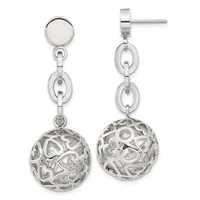 Pair of silver drop earrings with polished disc studs, connected link chains, and ornate filigree spheres hanging below.