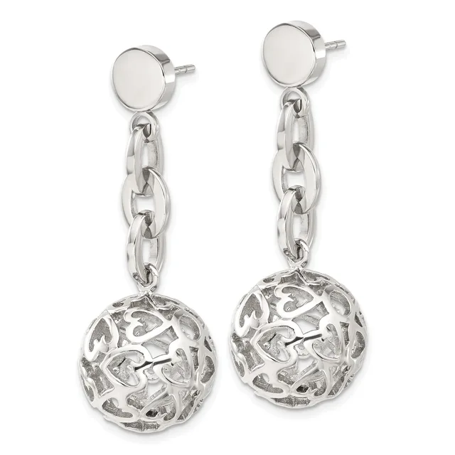 A pair of silver dangle earrings with flat circular studs connected to chain links suspending openwork spherical pendants.