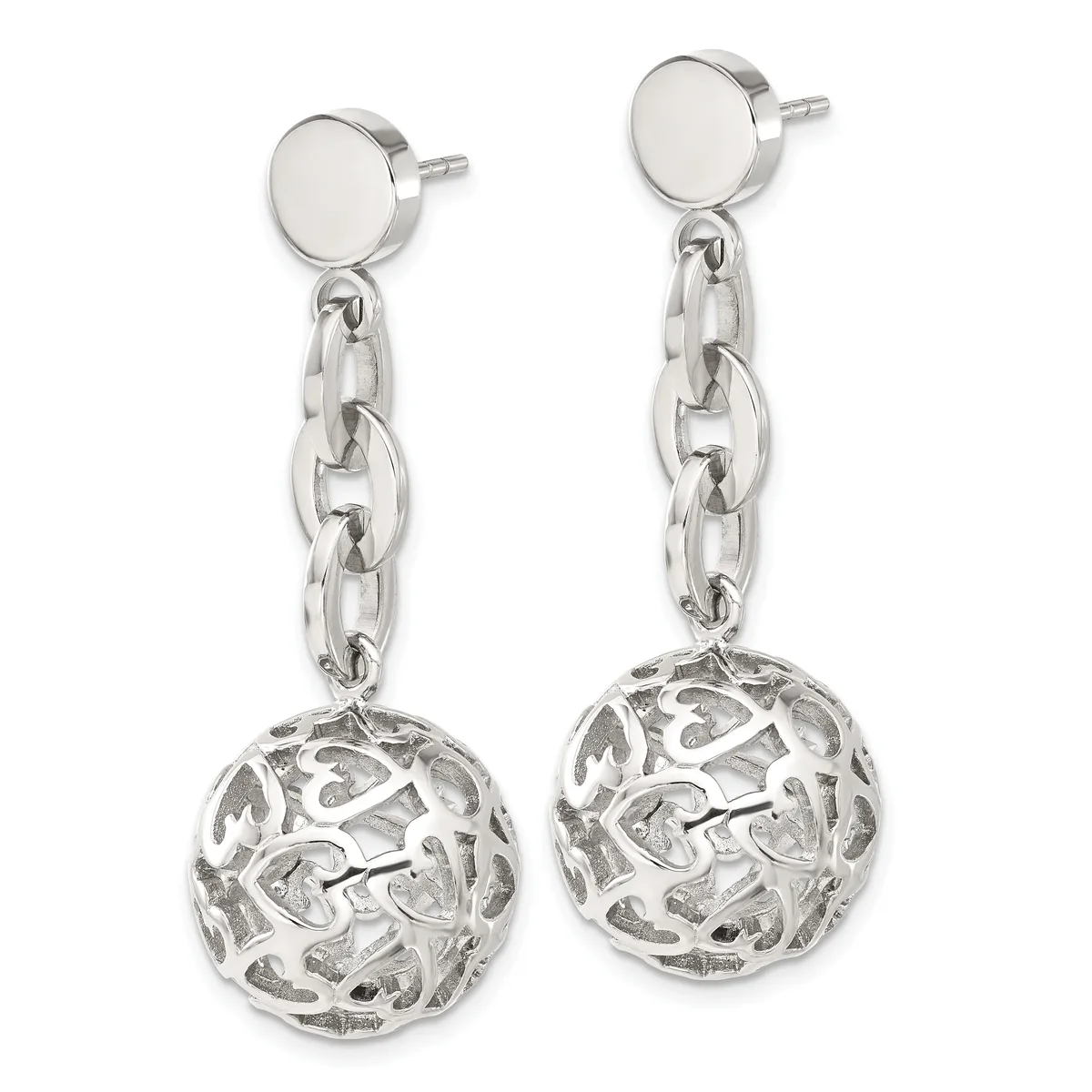 A pair of silver dangle earrings with flat circular studs connected to chain links suspending openwork spherical pendants.