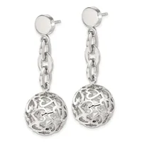 A pair of silver dangle earrings with flat circular studs connected to chain links suspending openwork spherical pendants.