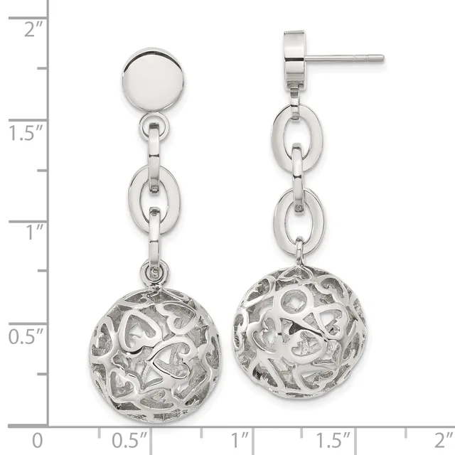 Silver dangle earrings with a disc stud top, chain links, and filigree heart-patterned spheres, shown against a ruler measuring approximately 1.75 inches long.