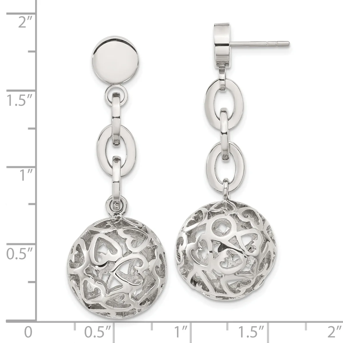 Silver dangle earrings with a disc stud top, chain links, and filigree heart-patterned spheres, shown against a ruler measuring approximately 1.75 inches long.