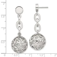 Silver dangle earrings with a disc stud top, chain links, and filigree heart-patterned spheres, shown against a ruler measuring approximately 1.75 inches long.
