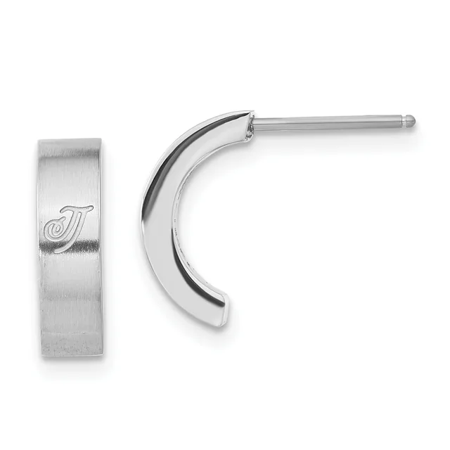 A pair of polished silver hoop earrings with a brushed finish and engraved initial, shown from front and side views.