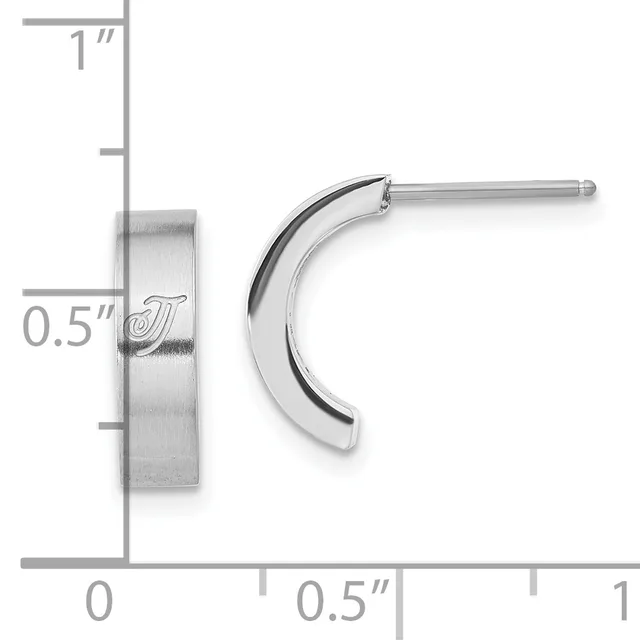 Silver curved hoop earrings with a polished finish, shown from front and side views with a measurement scale indicating approximately 0.5 inches in width and 1 inch in height.