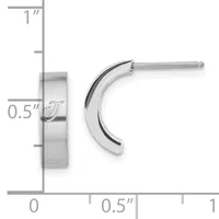 Silver curved hoop earrings with a polished finish, shown from front and side views with a measurement scale indicating approximately 0.5 inches in width and 1 inch in height.