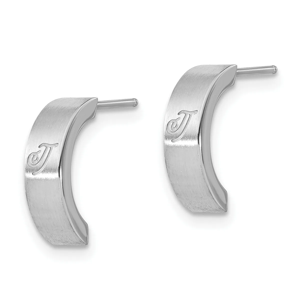 Pair of curved silver hoop earrings with a brushed finish and small stud posts, displayed against a white background.