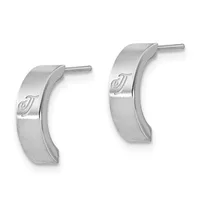 Pair of curved silver hoop earrings with a brushed finish and small stud posts, displayed against a white background.