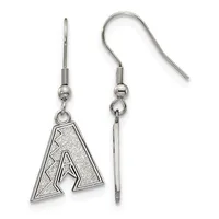 A pair of silver-tone dangle earrings with triangular pendants featuring textured surfaces and cutout letter A designs, shown from front and back views.