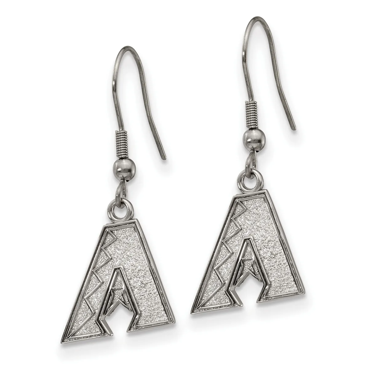 A pair of silver-toned dangle earrings with triangular pendants featuring an outlined letter A design, suspended from fish hook wires.