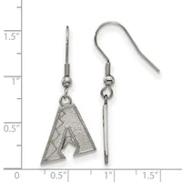 A pair of silver-toned earrings with fishhook wires, featuring textured triangular pendants with cutout details, displayed against a measurement ruler.